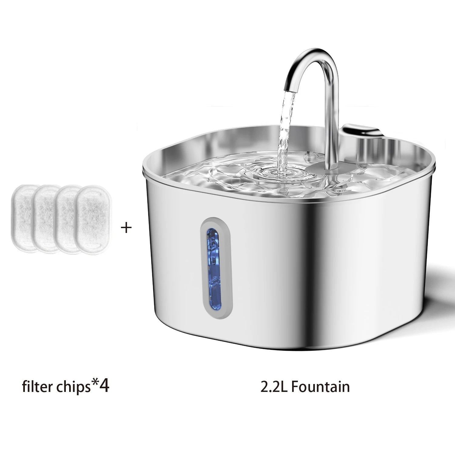 ZYFeeder Fuente de agua automática para gatos de 2,2 L, alimentador de agua cuadrado de acero inoxidable para mascotas, fuente de agua para perros con ventana (sin enchufe de 5 V 1 A)