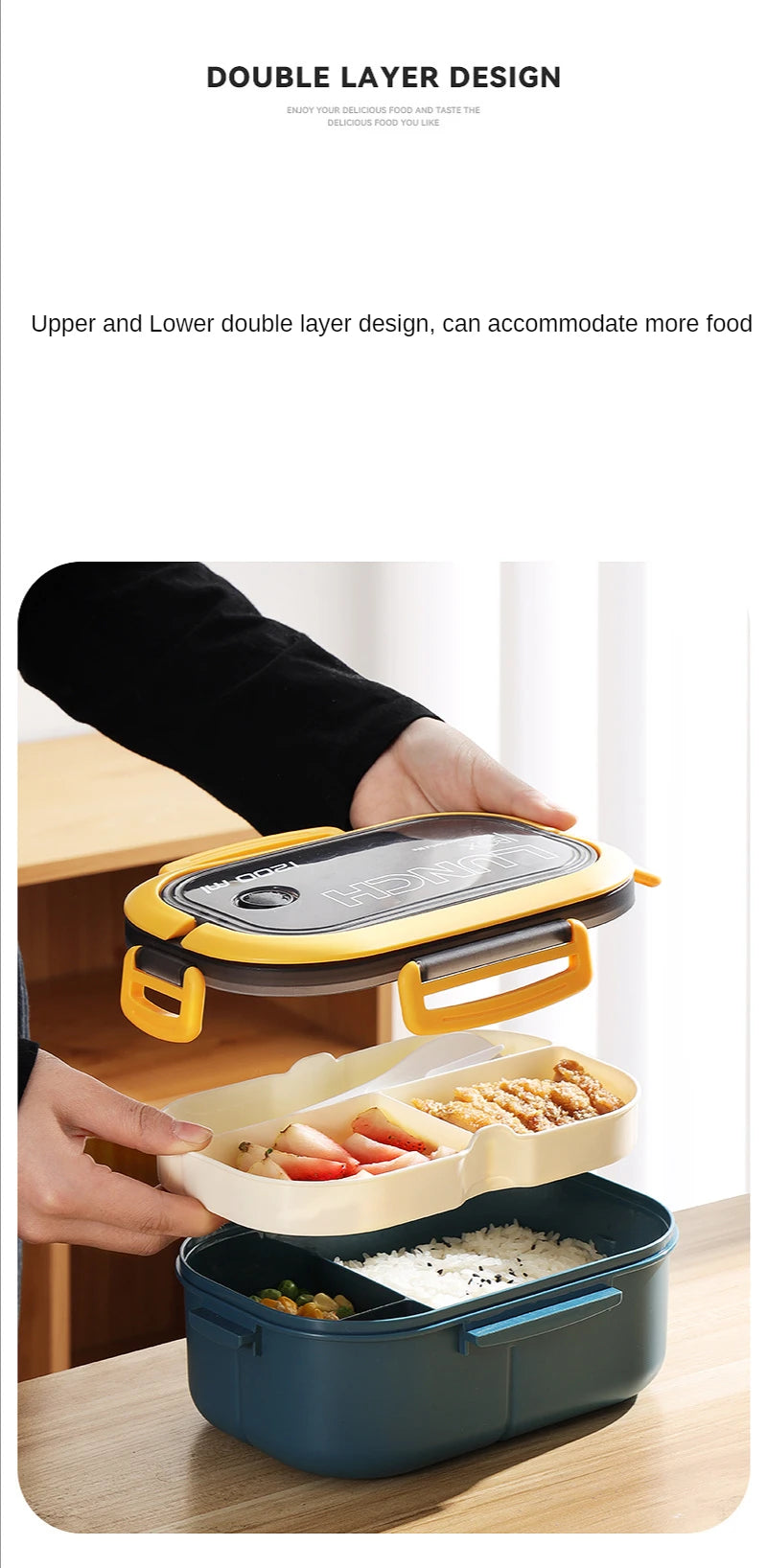Fiambrera Bento de 2 capas con cuchara y tenedor para niños, contenedores de comida de Microwae de alta capacidad, portátiles, a prueba de fugas, para oficina y Camping, 1200ML