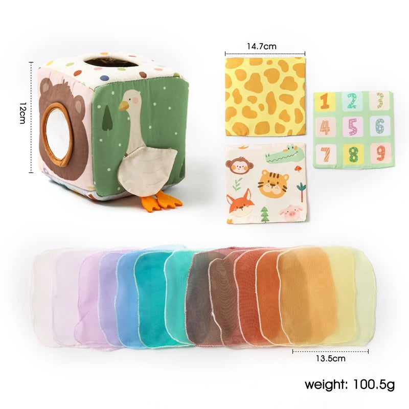 Juguete Montessori para bebé, caja de pañuelos mágicos de algodón, juego de mesa ocupado para ejercicio de los dedos, juguete educativo, juego de sonajero suave, libro de tela, regalo