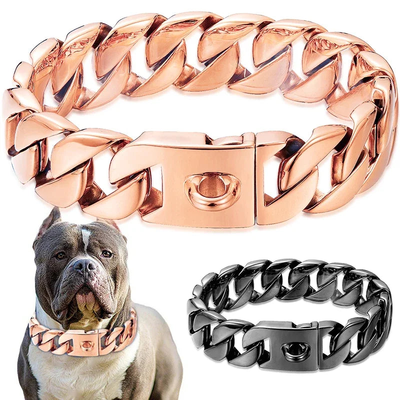 Collar de perro de oro fundido de acero inoxidable fuerte de 32mm, Collar con hebilla sólida, cadena para perro grande de lucha contra el bulto