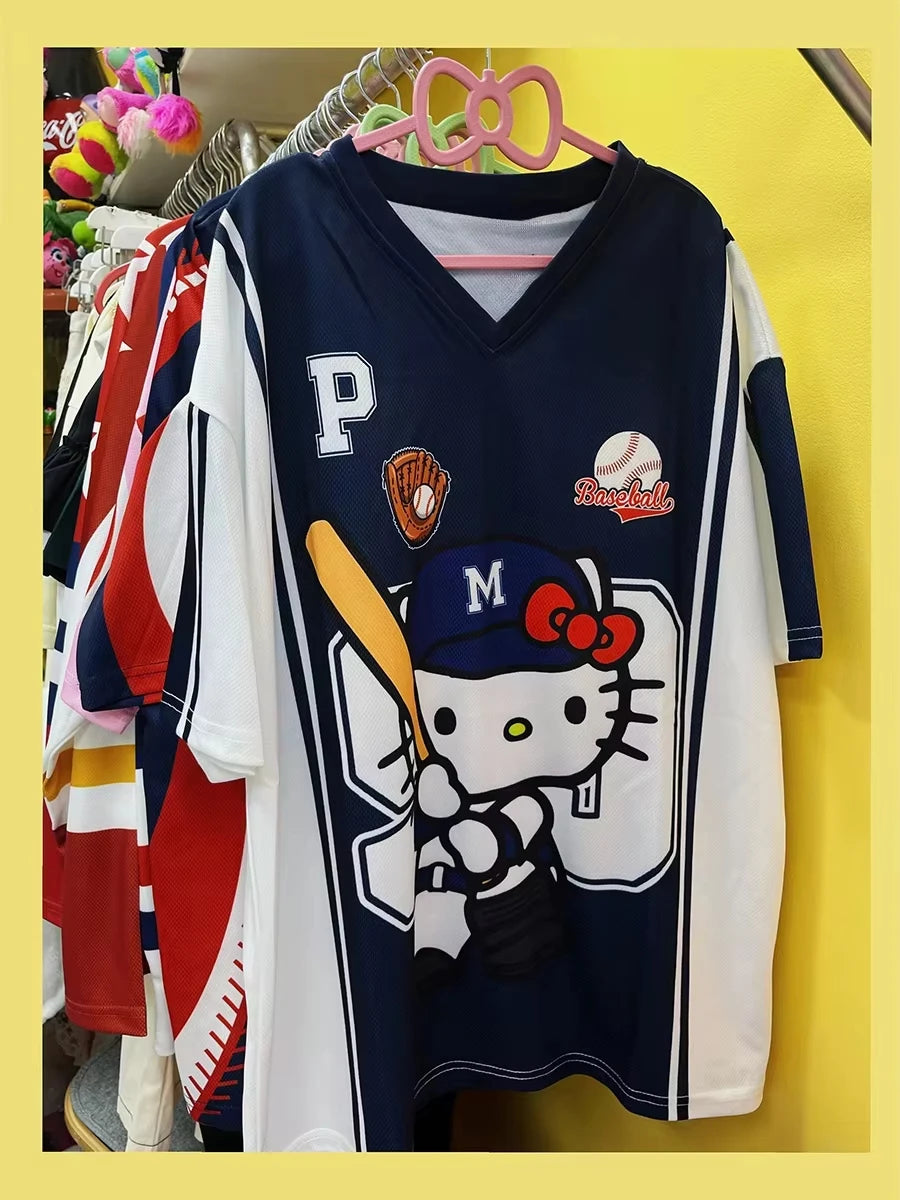 Camiseta de dibujos animados de Hello Kitty, ropa deportiva de moda para mujeres y hombres, pijamas con cuello en V, ropa de calle holgada informal ligera y transpirable, Tops