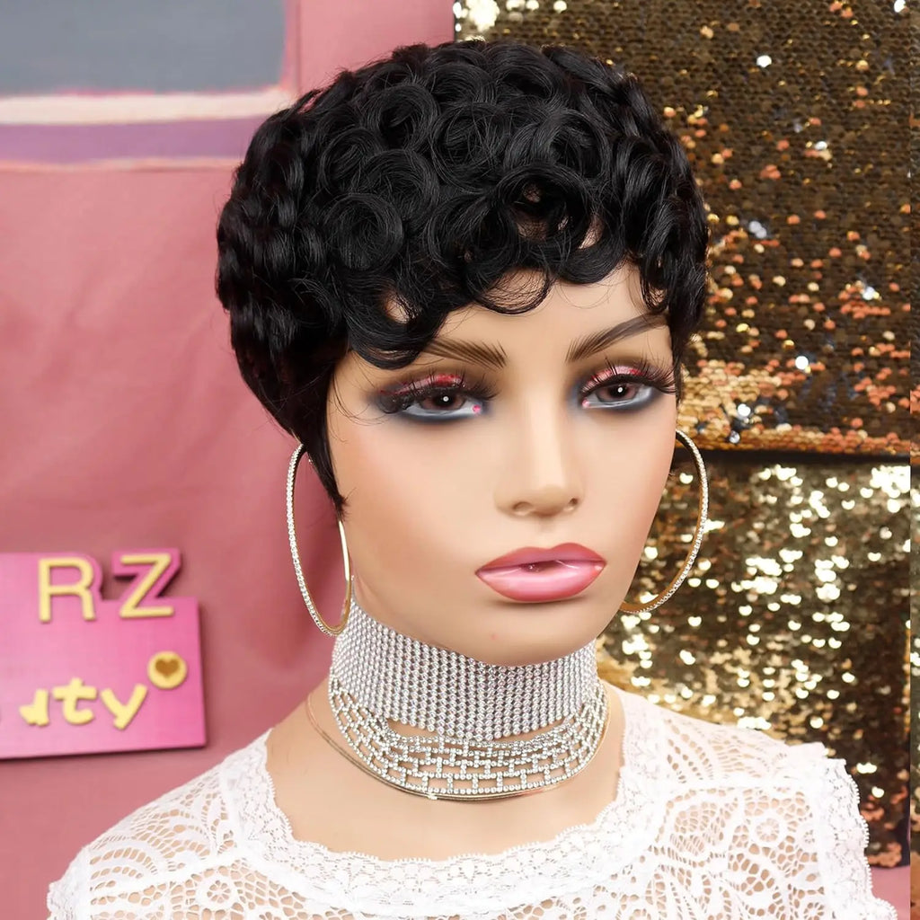 Pelucas cortas de Pixie para mujeres negras, pelucas cortas negras rizadas de Pixie, pelucas de pelo sintético para mujeres negras, Ondulado Natural, corte Pixie negro W