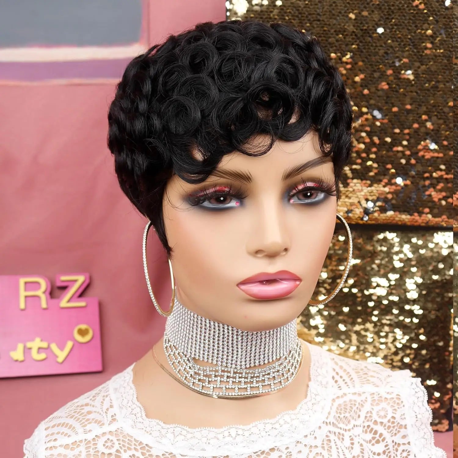 Pelucas cortas de Pixie para mujeres negras, pelucas cortas negras rizadas de Pixie, pelucas de pelo sintético para mujeres negras, Ondulado Natural, corte Pixie negro W
