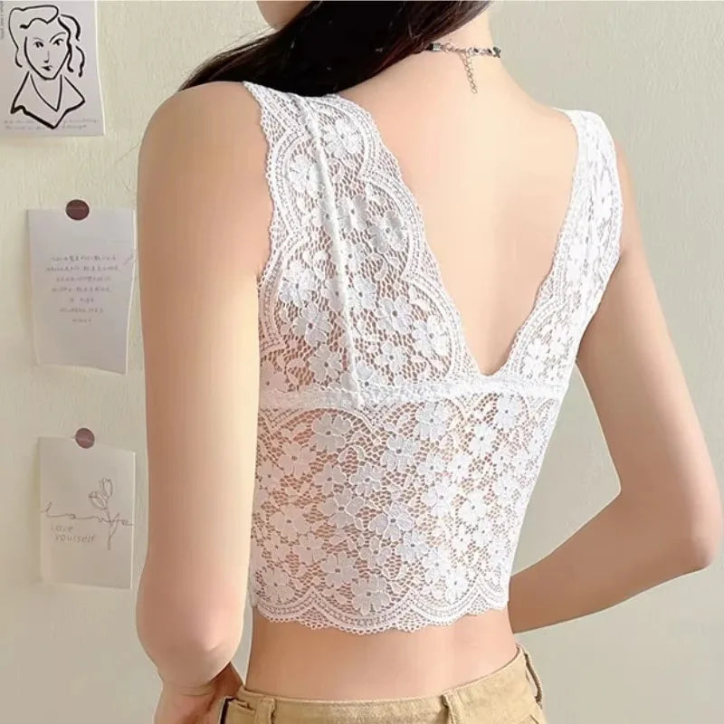 Sujetadores de encaje para mujer, Top con escote en V profundo, lencería Sexy sin aros, camisetas sin mangas, ropa interior femenina, Bralette con espalda en V, camisola acolchada