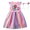 Vestido de gato de dibujos animados para niñas, vestido de princesa estampado con diadema, vestido tutú con mangas voladoras para niños, vestido de cumpleaños de Pascua