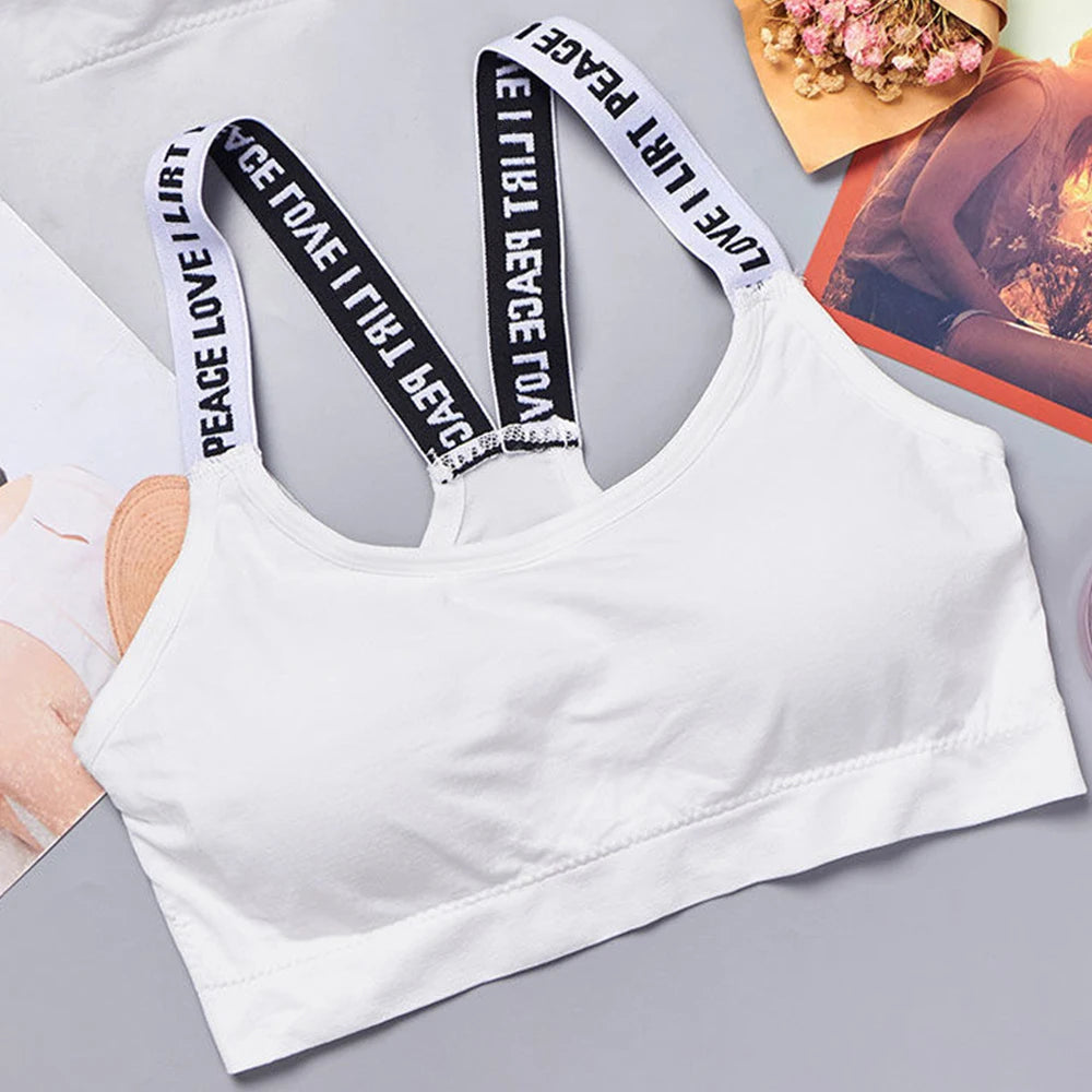 Ropa interior deportiva para mujer, Top corto sin costuras para Yoga y Fitness, correas anchas con letras, ropa deportiva cómoda para entrenamiento