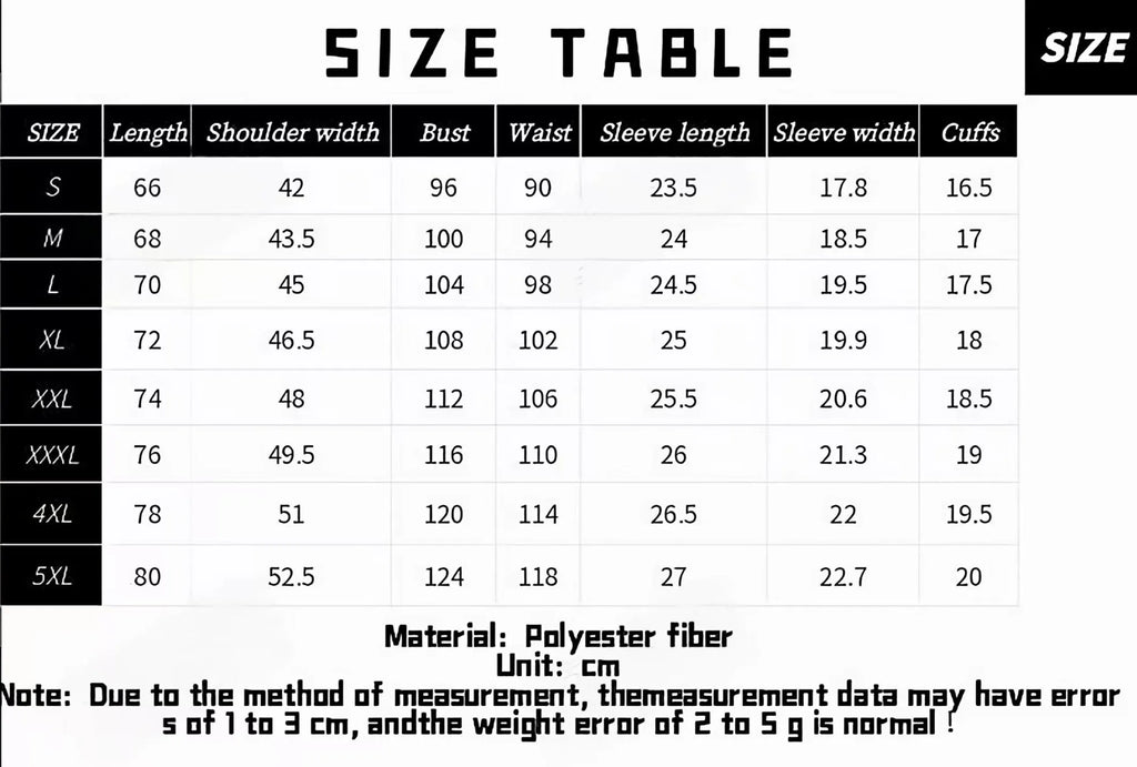 Tabla de tamaños para camisa de hombre estampado 3D gato, incluye medidas en cm y material de poliéster.