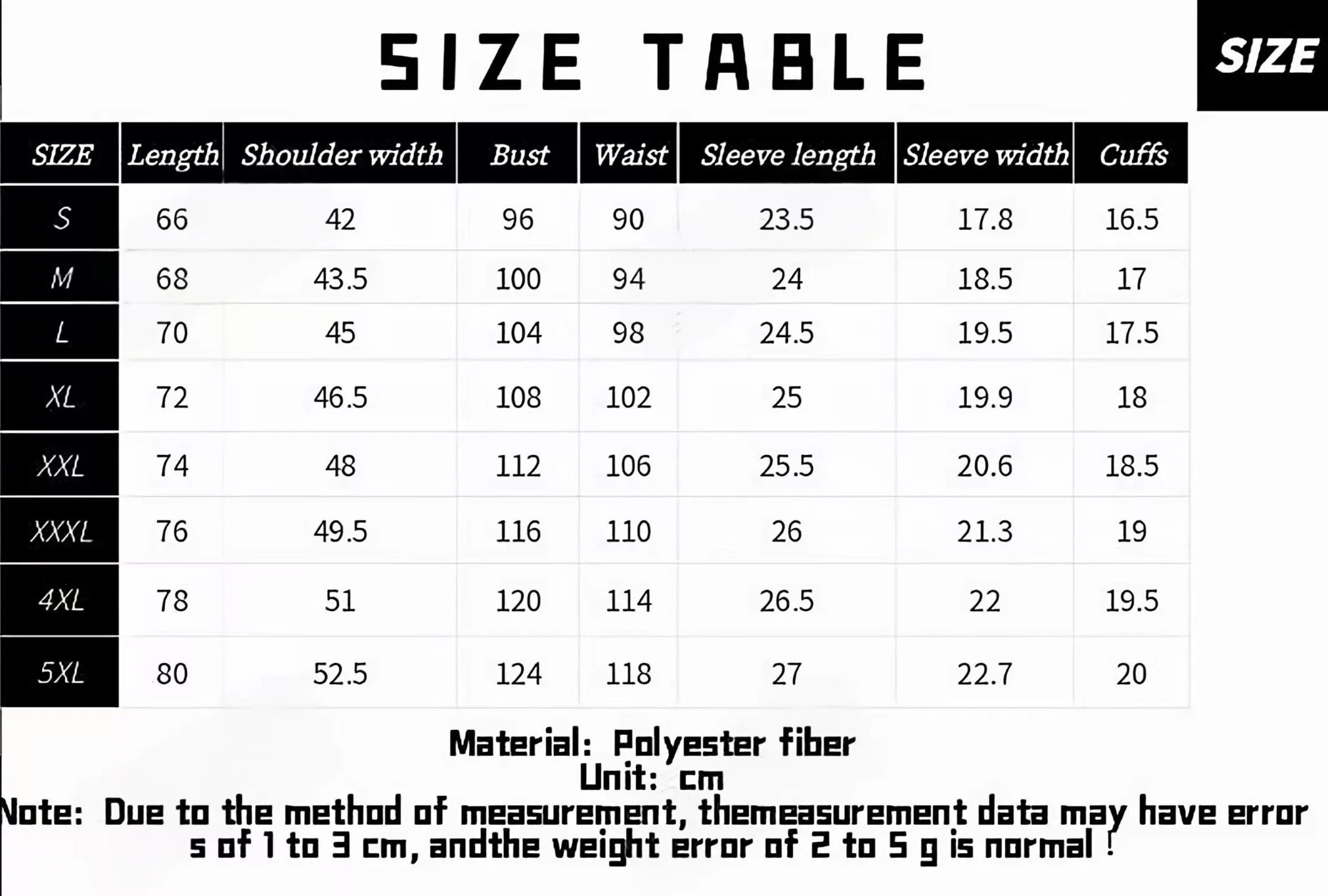 Tabla de tamaños para camisa de hombre estampado 3D gato, incluye medidas en cm y material de poliéster.