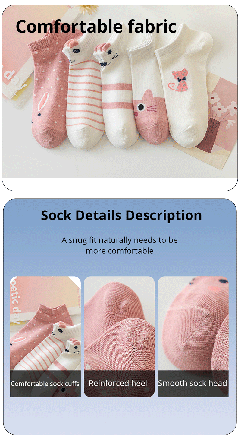 5/10/20 pares de calcetines de tubo corto para mujer, calcetines finos de gato rosa para las cuatro estaciones, bonitos calcetines de barco, calcetines bajos Ins a la moda