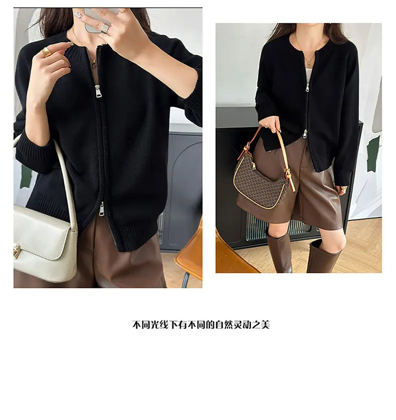 YTFidio 100% de algodón para mujer, cárdigan liso con cremallera gruesa y cuello redondo, ropa de diseñador de lujo, jersey para mujer, Tops femeninos 401