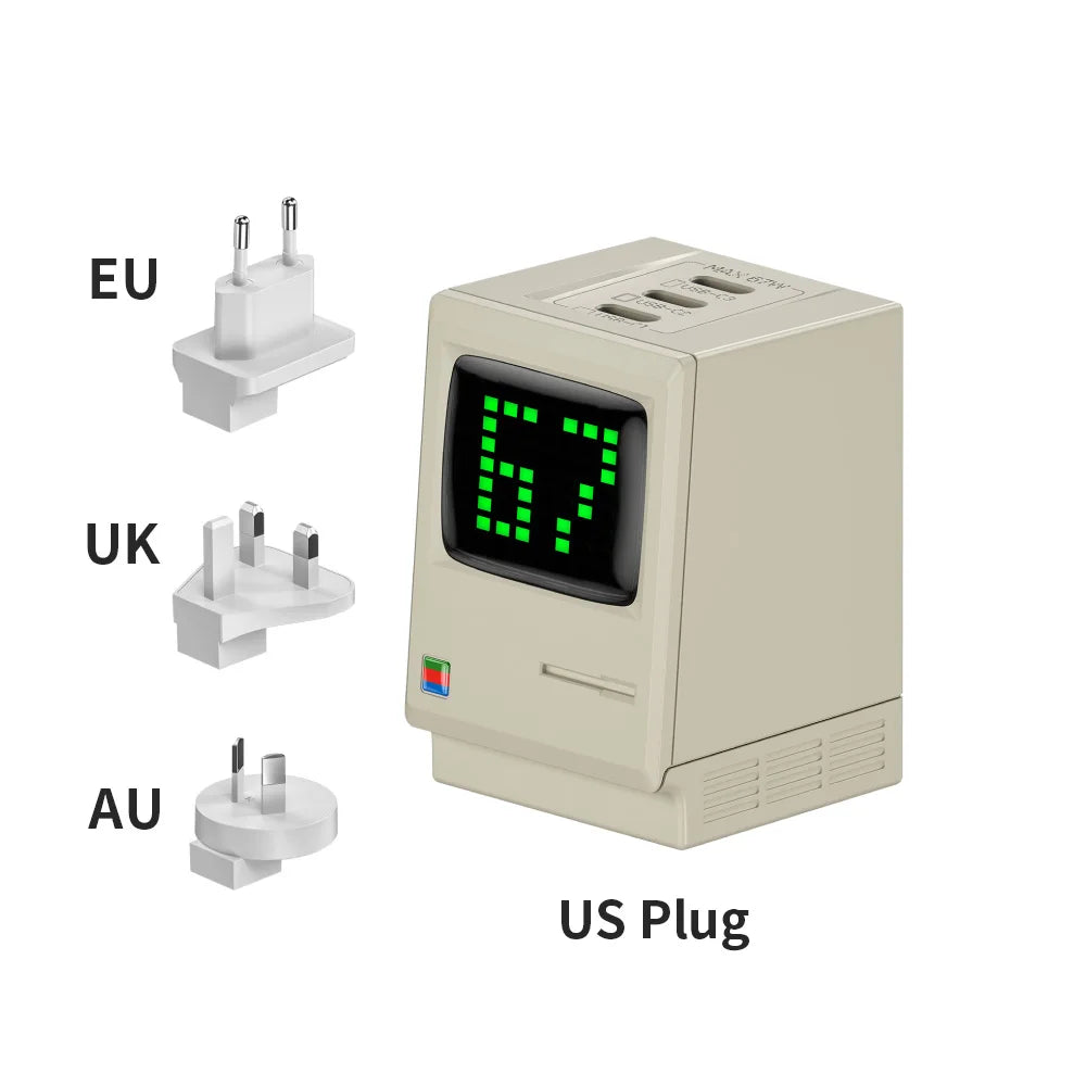SHARGE Retro 67 GaN 67W Cargador rápido 67W 3 * USB-C Adaptador de corriente para tableta Carga rápida para iPhone 15 Galaxy, Google Pixel