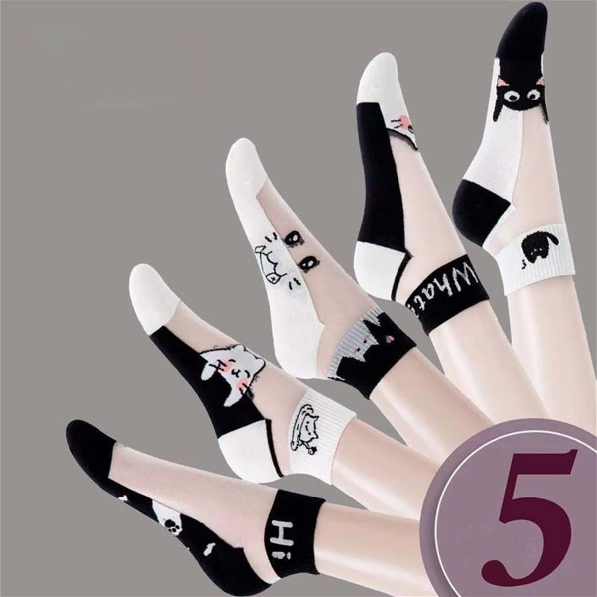 Dreamlikelin 5 par/lote calcetines de verano blanco y negro gato seda de cristal transpirable calcetines femeninos calcetines cortos simples