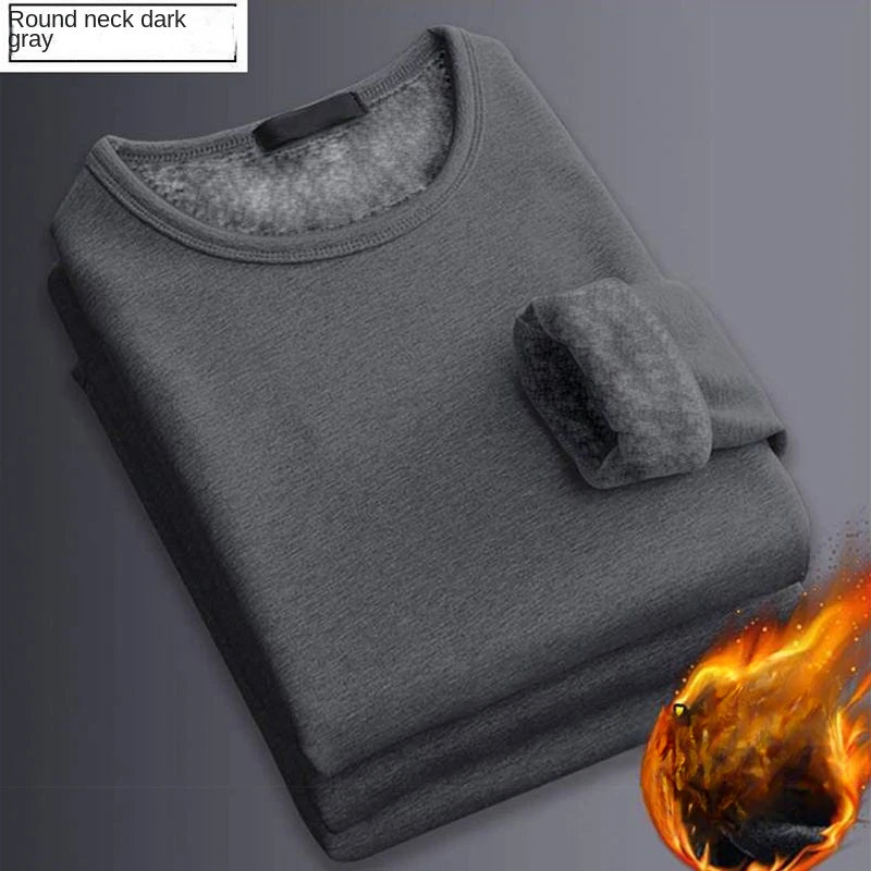 Camiseta térmica de manga larga para hombre, camisa de fondo de lana, camisa de cuello redondo, camiseta acolchada de terciopelo a la moda, invierno