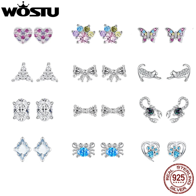 WOSTU-pendientes de plata de ley 925 con diseño de animales y patas bonitas de arcoíris para mujer, aretes con forma de corazón, flor ovalada, circonita, cangrejo, regalo de joyería