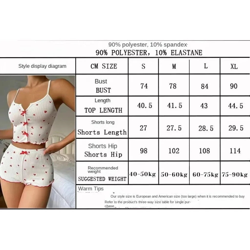 Conjunto de Pijama Sexy con Estampado de Corazón para Mujer, Ropa de Dormir de Seda, Cuello en V, Sin Mangas, Camiseta Informal y Pantalones Cortos, Ropa de Estar en Casa