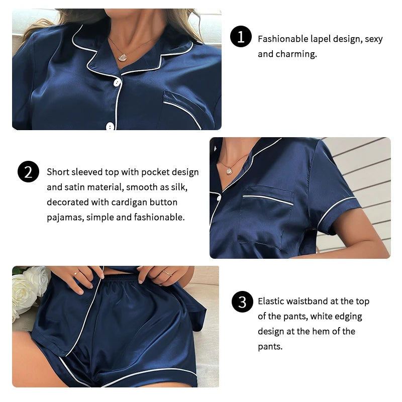 Conjunto de pijama de satén para mujer 2 piezas con diseño de cuello, pantalones cortos y detalles elegantes.