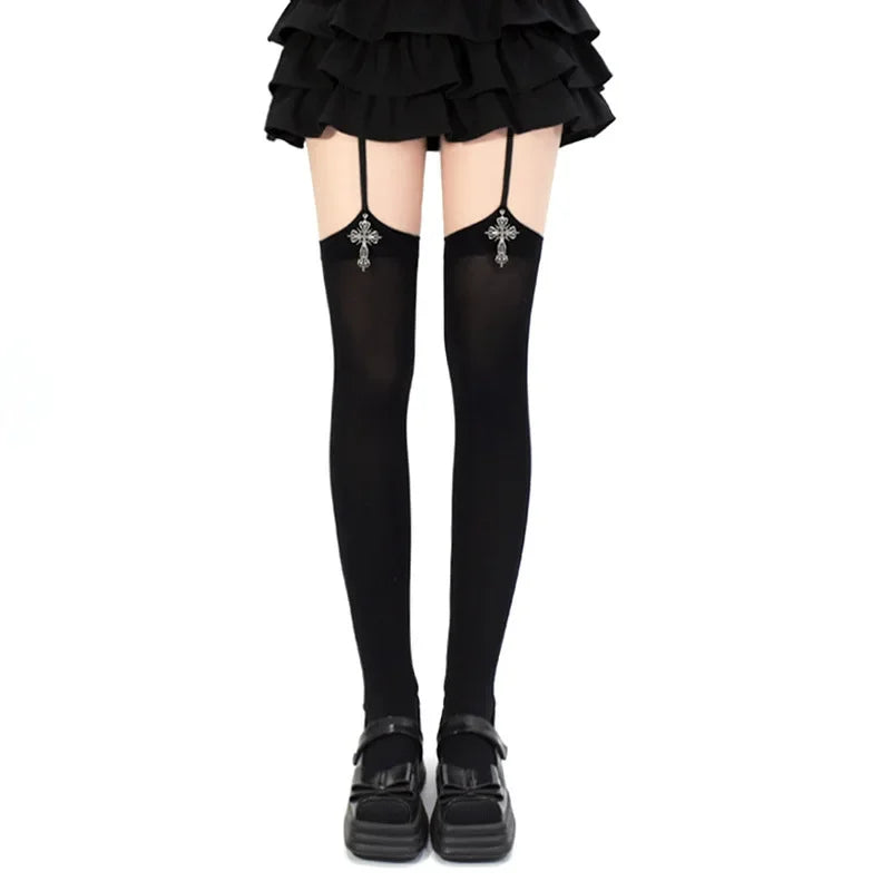 Calcetines con tirantes para mujer, decoración cruzada con personalidad, Color sólido, fino hasta el muslo, Cosplay de Anime Lolita, medias góticas por encima de la rodilla