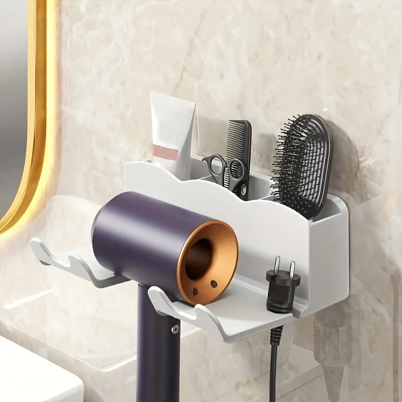 Estante de almacenamiento para secador de pelo, soporte montado en la pared para baño no perforado, almacenamiento de conductos de aire para baño, 1 ud.