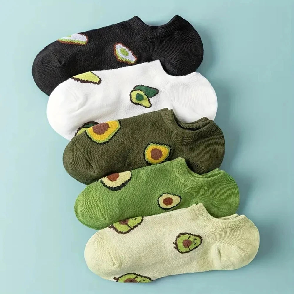 5 pares de calcetines tobilleros de aguacate con dibujos animados, moda fresca, transpirables, cómodos Kawaii para verano y otoño, calcetines náuticos de corte bajo para mujer