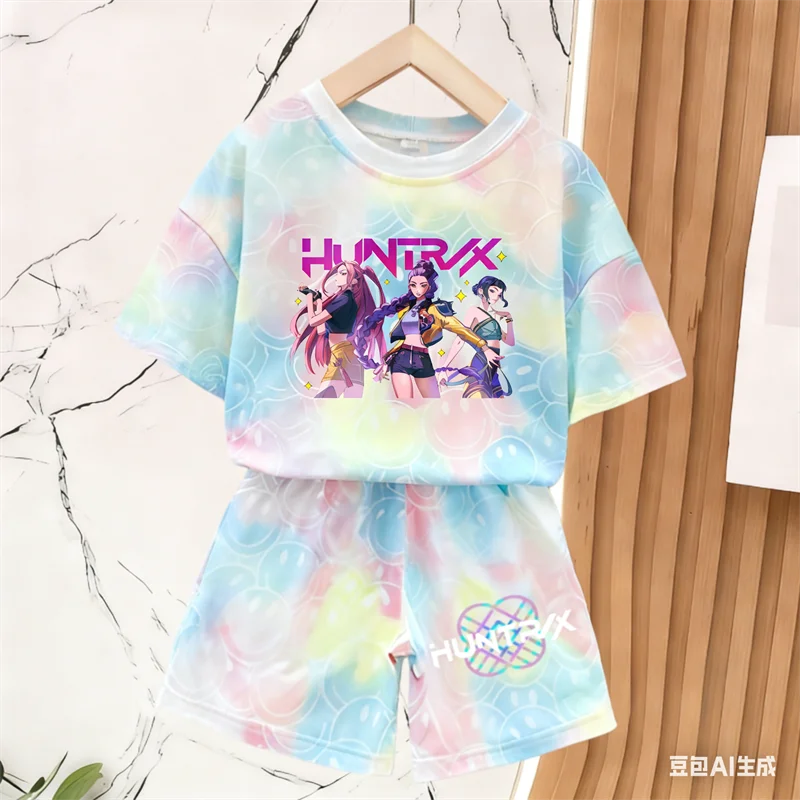 Nuevo Conjunto de Camiseta y Pantalones para Niñas, Ropa de Verano, Conjunto de Manga Corta con Estampado de Cara Sonriente, Conjunto de Camiseta y Pantalones Cortos para Niños