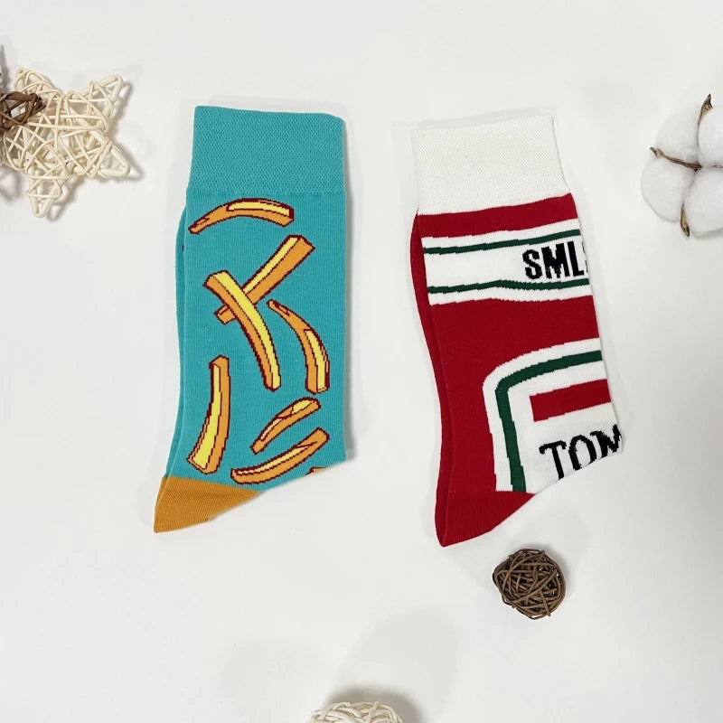 1 par Unisex divertido estilo AB tomate Ketchup French Fry impreso calcetines a media pantorrilla traje en todas las estaciones