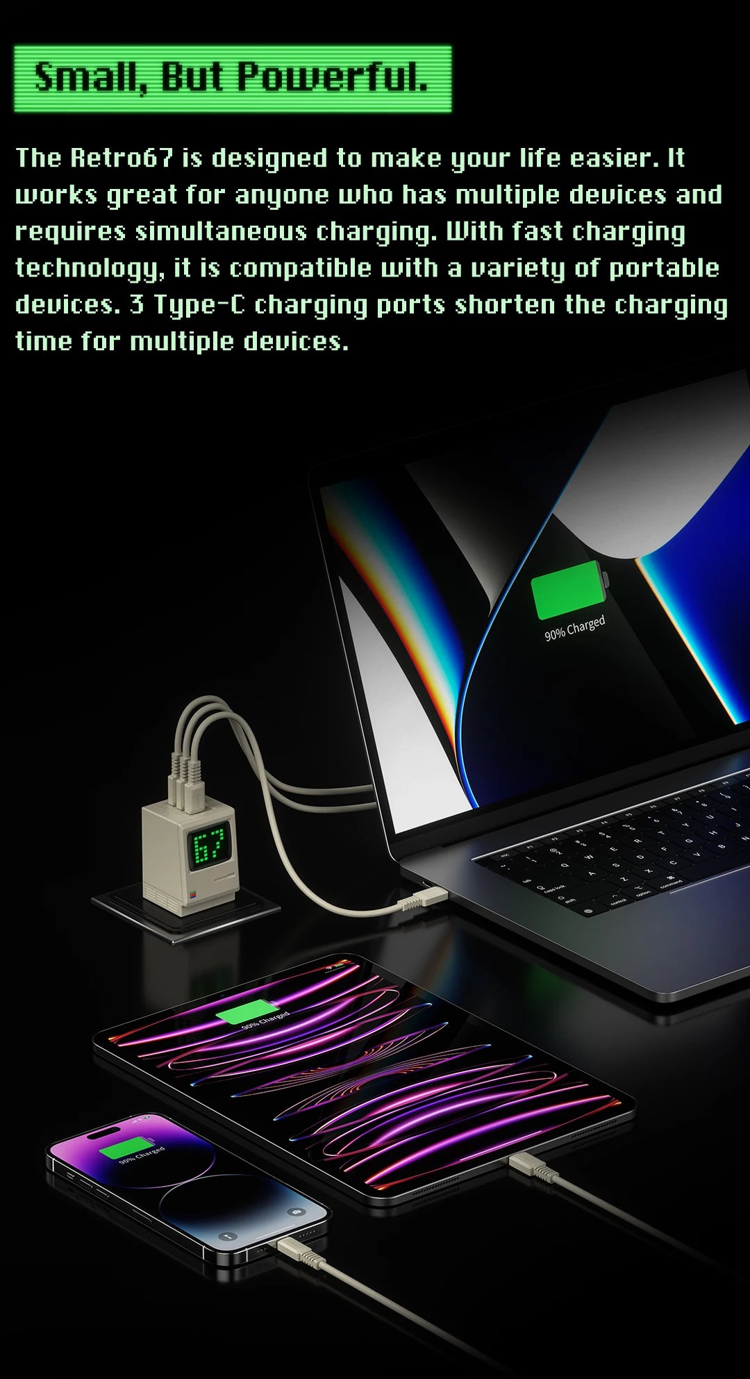 SHARGE Retro 67 GaN 67W Cargador rápido 67W 3 * USB-C Adaptador de corriente para tableta Carga rápida para iPhone 15 Galaxy, Google Pixel