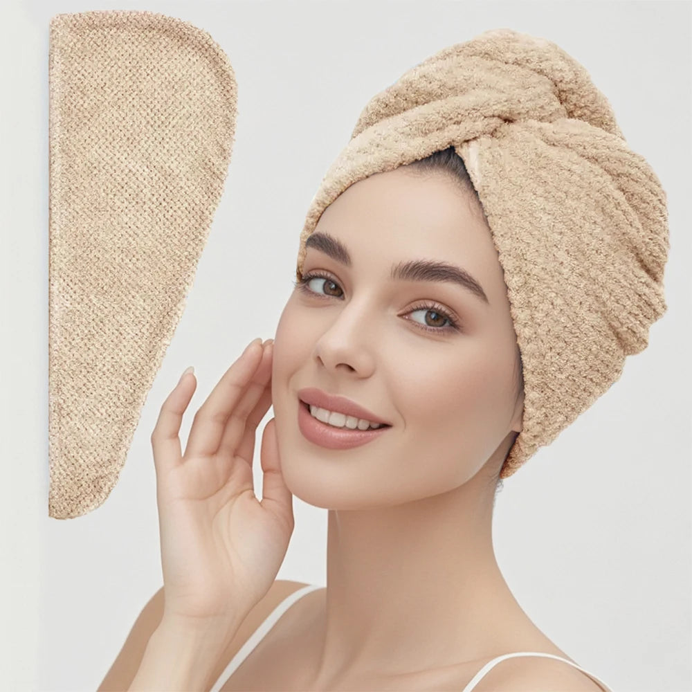 Toalla para el cabello de color sólido Gorro para el cabello seco texturizado 9,8 "X 25,5" toalla absorbente para el cabello para mujeres con botones