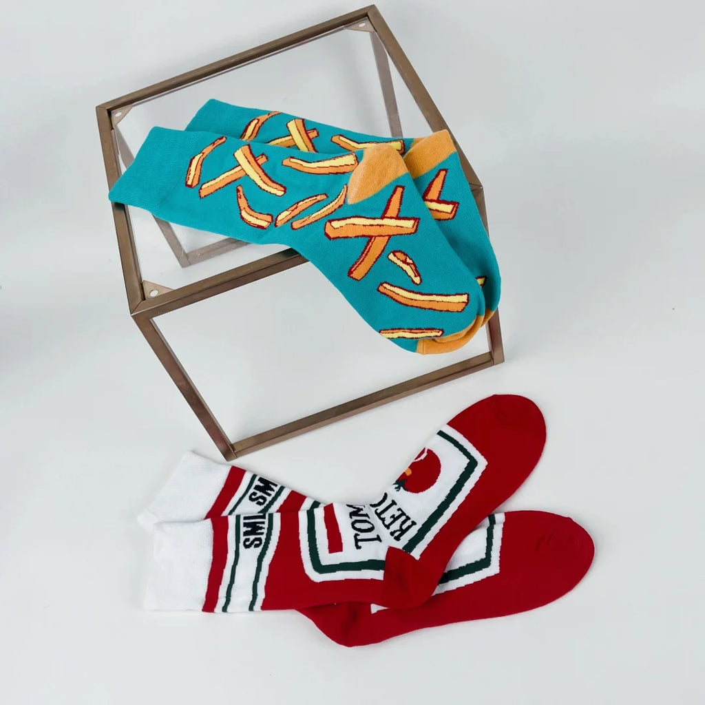 1 par Unisex divertido estilo AB tomate Ketchup French Fry impreso calcetines a media pantorrilla traje en todas las estaciones