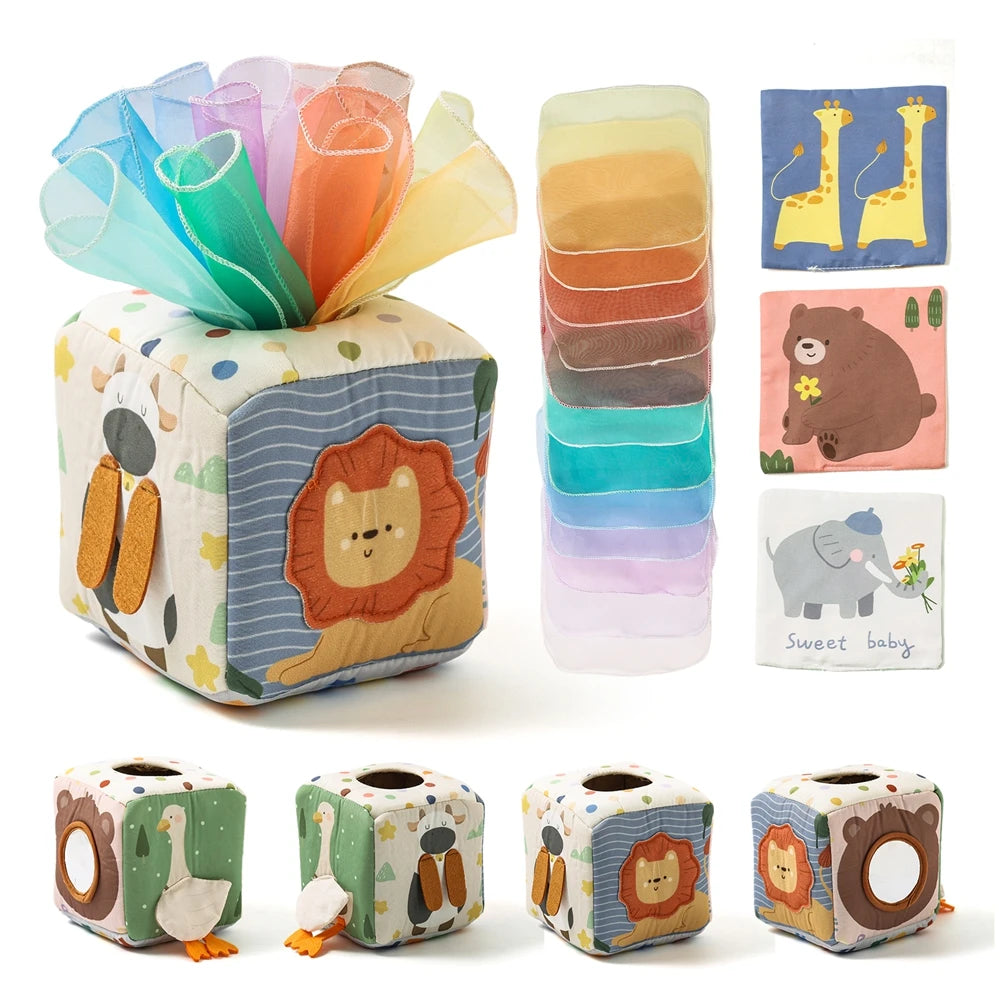 Juguete Montessori para bebé, caja de pañuelos mágicos de algodón, juego de mesa ocupado para ejercicio de los dedos, juguete educativo, juego de sonajero suave, libro de tela, regalo