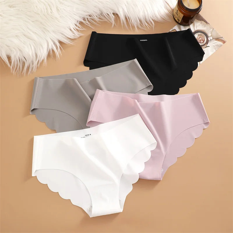 Bragas sin costuras de seda de hielo, 4 unidades/juego de bragas para mujer, ropa interior elástica de Color sólido, bragas laterales onduladas ultrafinas sin rastro
