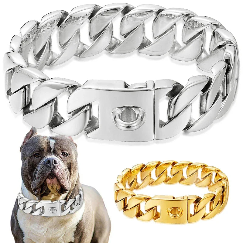 Collar de perro de oro fundido de acero inoxidable fuerte de 32mm, Collar con hebilla sólida, cadena para perro grande de lucha contra el bulto