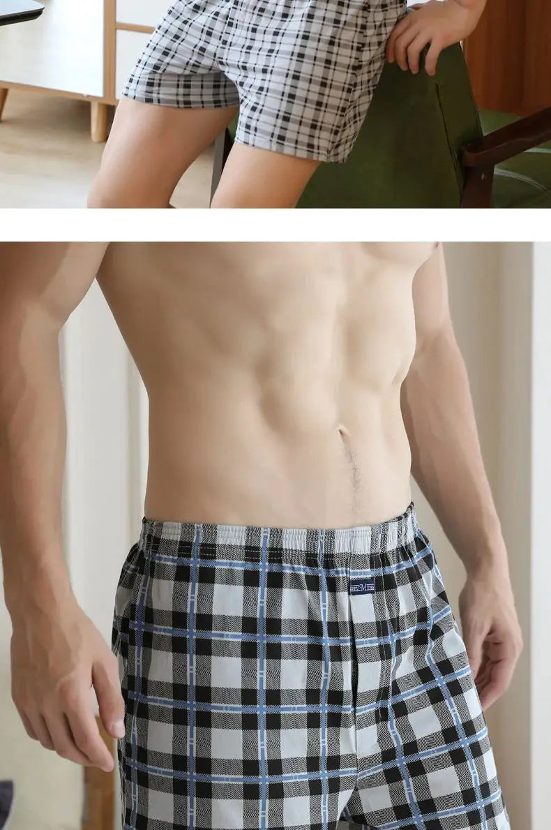 Pantalones Aro de talla grande M-3XL para hombre, ropa interior de celosía de algodón, pantalones cortos holgados de cintura alta para verano, pantalones cortos finos y transpirables para el hogar, calzoncillos con bolsa