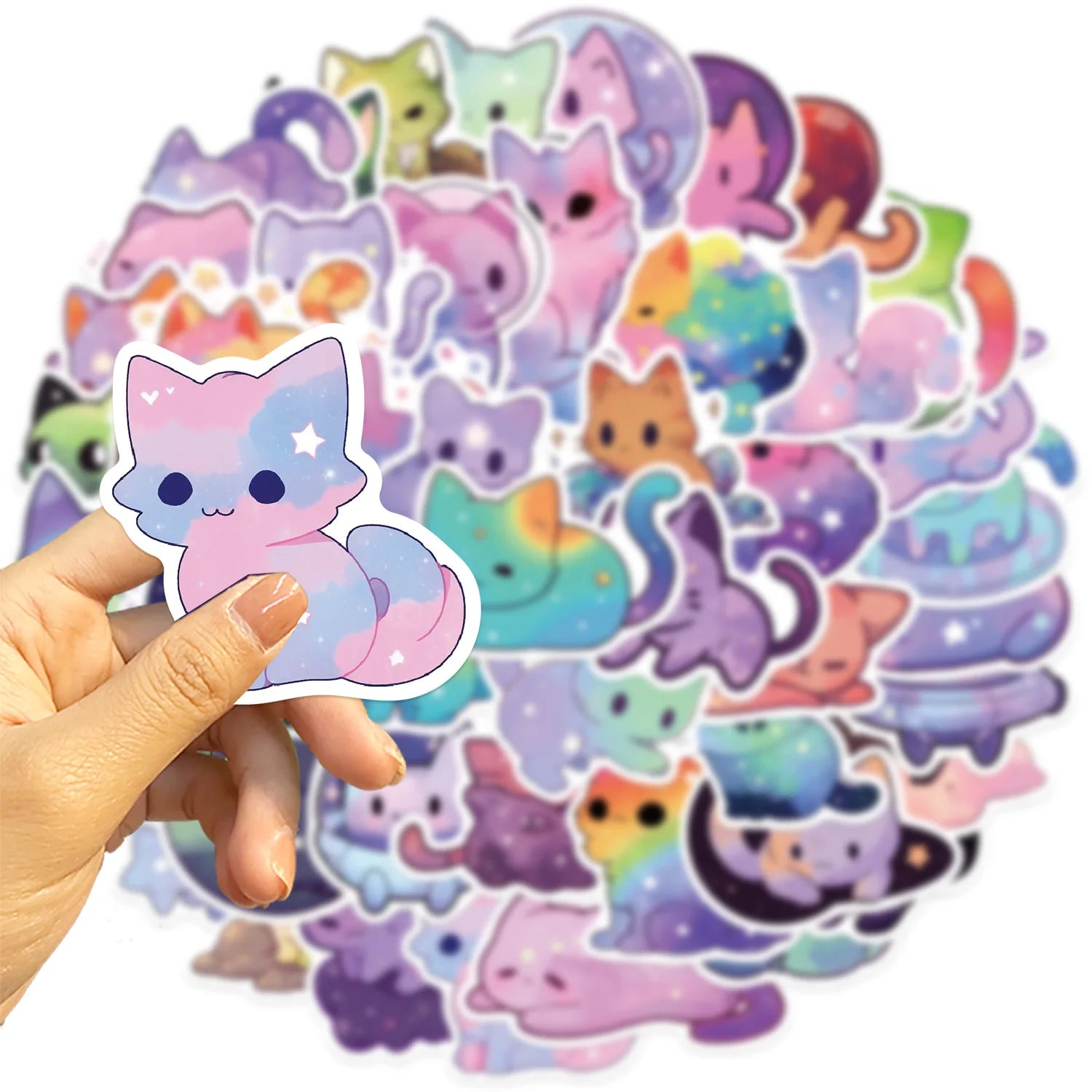 50 pegatinas de gato de cielo estrellado arcoíris de dibujos animados, pegatinas impermeables de gato estético lindo para botella de agua, computadora portátil, teléfono,