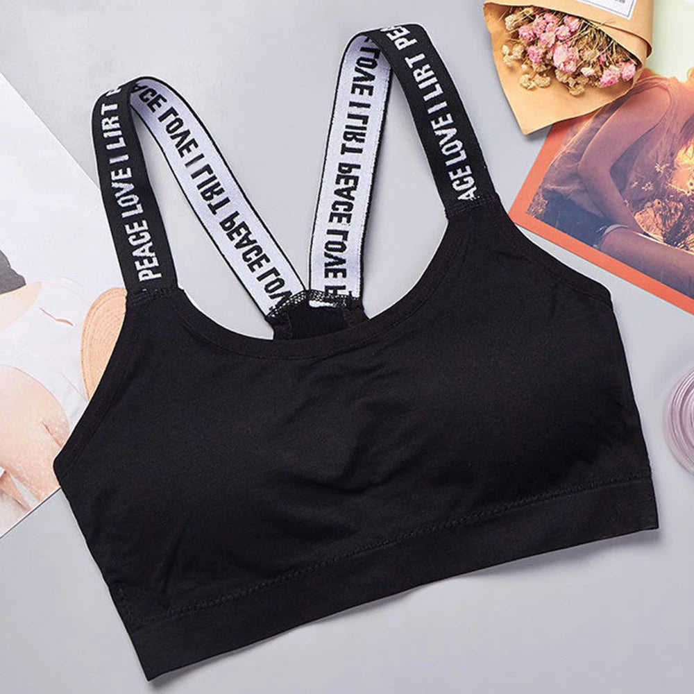 Ropa interior deportiva para mujer, Top corto sin costuras para Yoga y Fitness, correas anchas con letras, ropa deportiva cómoda para entrenamiento