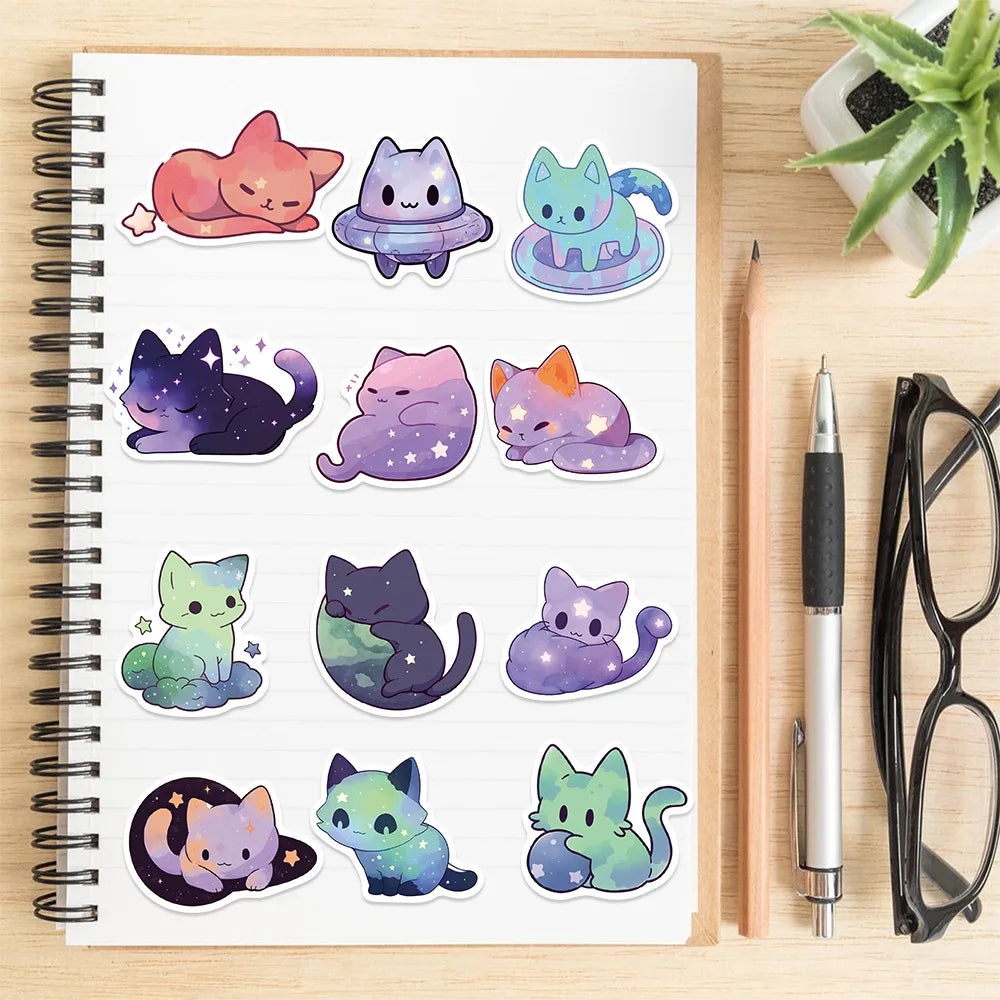 50 pegatinas de gato de cielo estrellado arcoíris de dibujos animados, pegatinas impermeables de gato estético lindo para botella de agua, computadora portátil, teléfono,