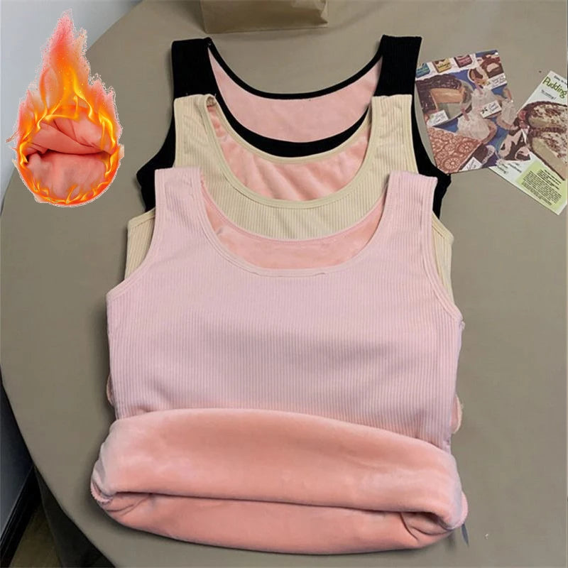 Ropa interior térmica de invierno para mujer, Top sin costuras, camisa de terciopelo, chaleco sin mangas, camiseta interior cálida para mujer, lencería Sexy de Color sólido