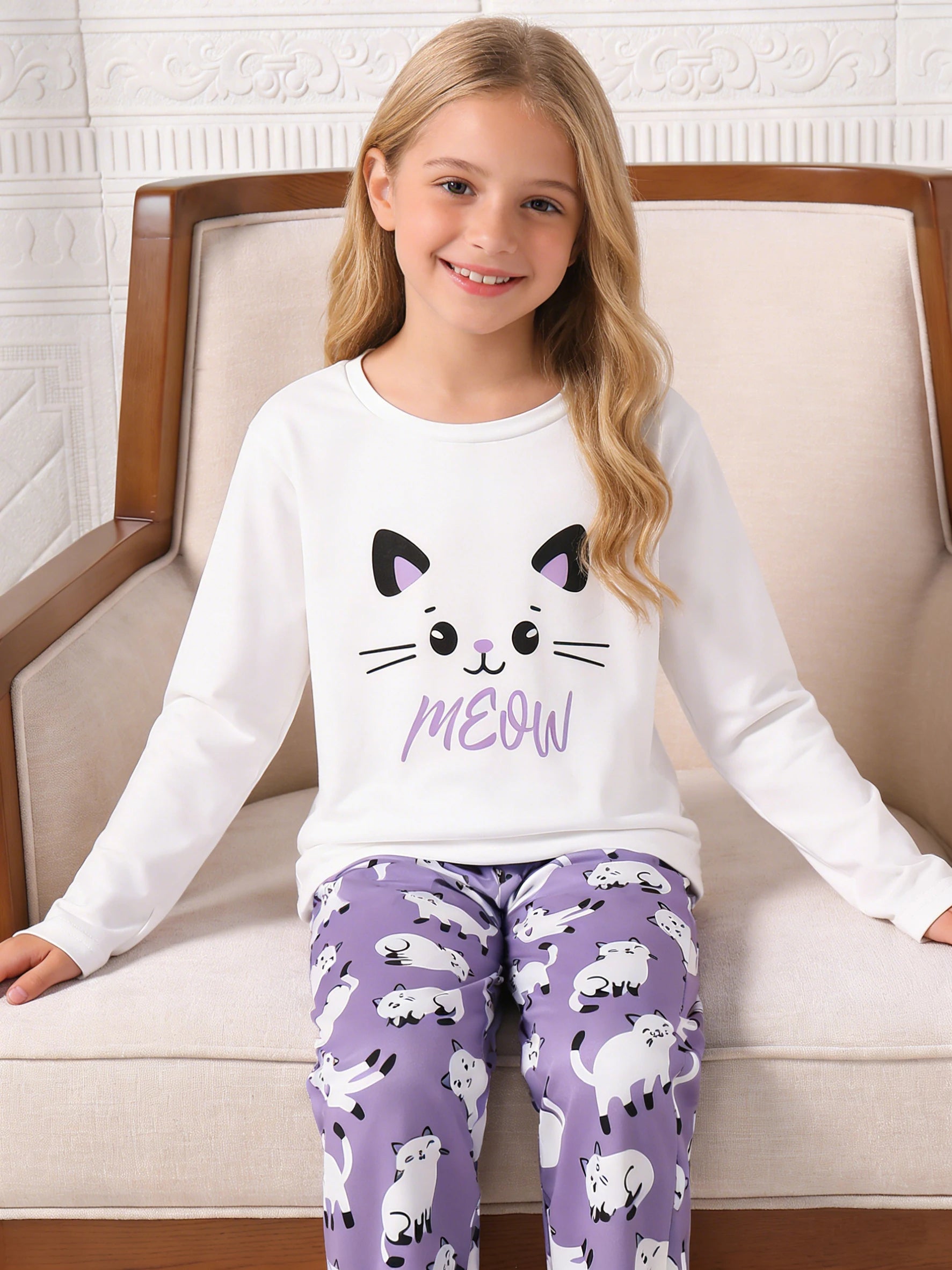 Conjunto de ropa para el hogar para niñas, top de manga larga y pantalones con diseño de gato, pijamas casuales y ropa de dormir adecuada para uso diario en el hogar