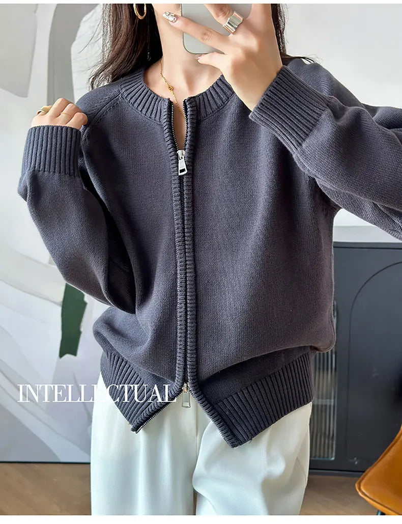 YTFidio 100% de algodón para mujer, cárdigan liso con cremallera gruesa y cuello redondo, ropa de diseñador de lujo, jersey para mujer, Tops femeninos 401
