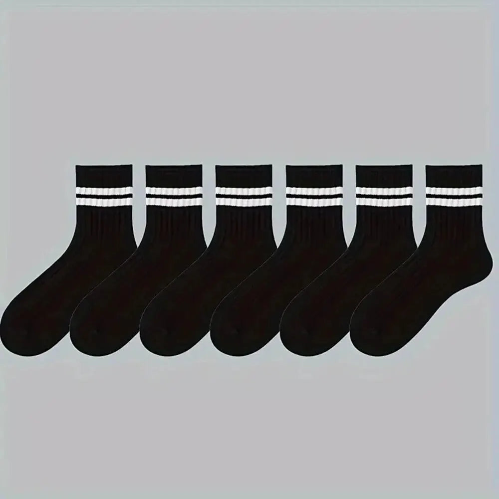 6/10 pares de calcetines para hombre, calcetines sencillos informales a rayas blancas y negras para primavera y otoño, calcetines transpirables de tubo medio, calcetines de cuello redondo de alta calidad