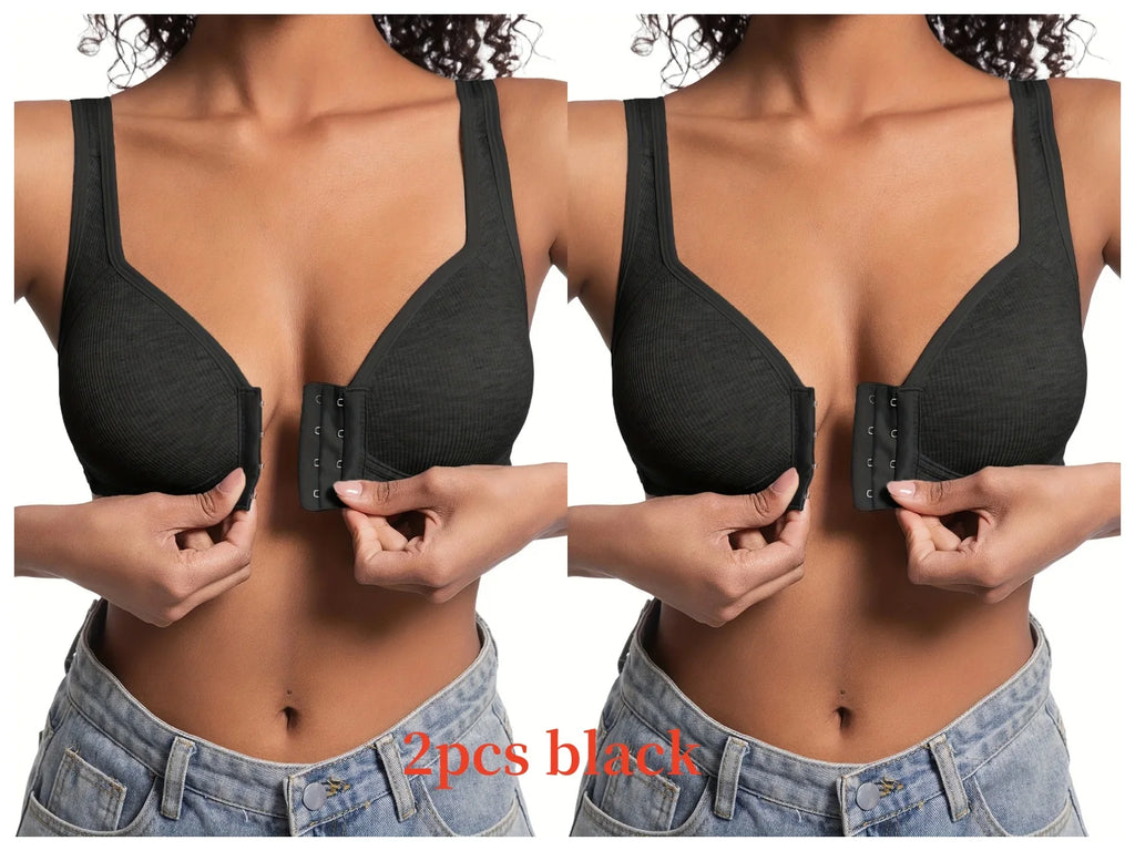 Sujetador de mujer sin aros con cierre frontal, color sólido, cobertura total, copas fijas, más consideradas para personas de mediana edad y mayores individuales