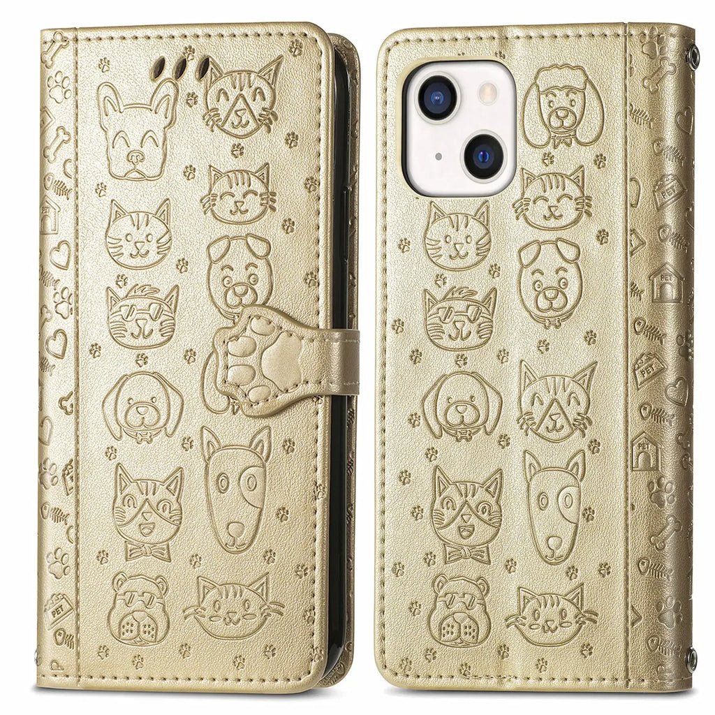 Funda de cuero de lujo con diseño de perro y gato para iPhone 16 15 14 13 12 11 Pro X XR XS MAX 8 7 Plus, bonita funda para teléfono con ranuras para tarjetas, cartera Coque