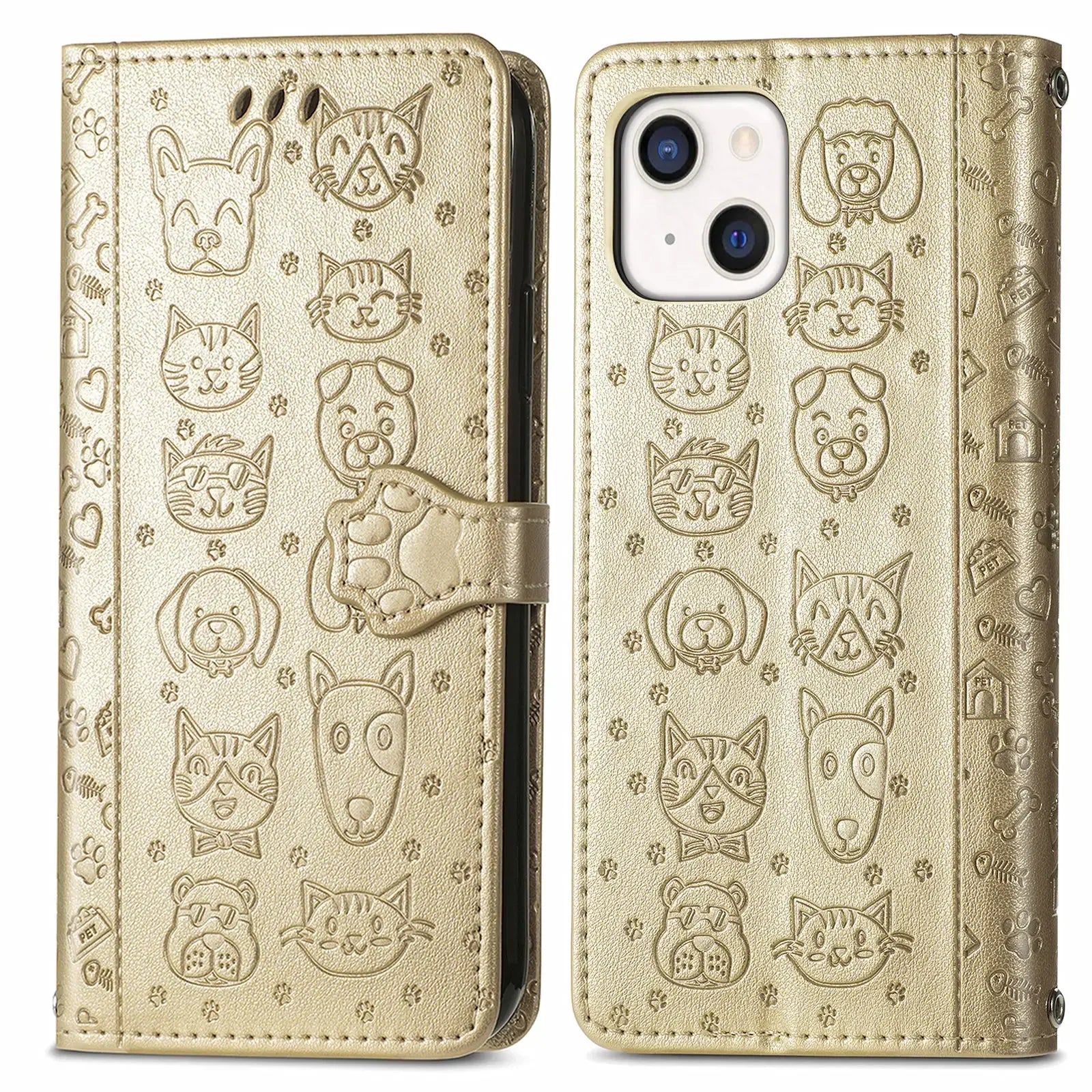 Funda de cuero de lujo con diseño de perro y gato para iPhone 16 15 14 13 12 11 Pro X XR XS MAX 8 7 Plus, bonita funda para teléfono con ranuras para tarjetas, cartera Coque