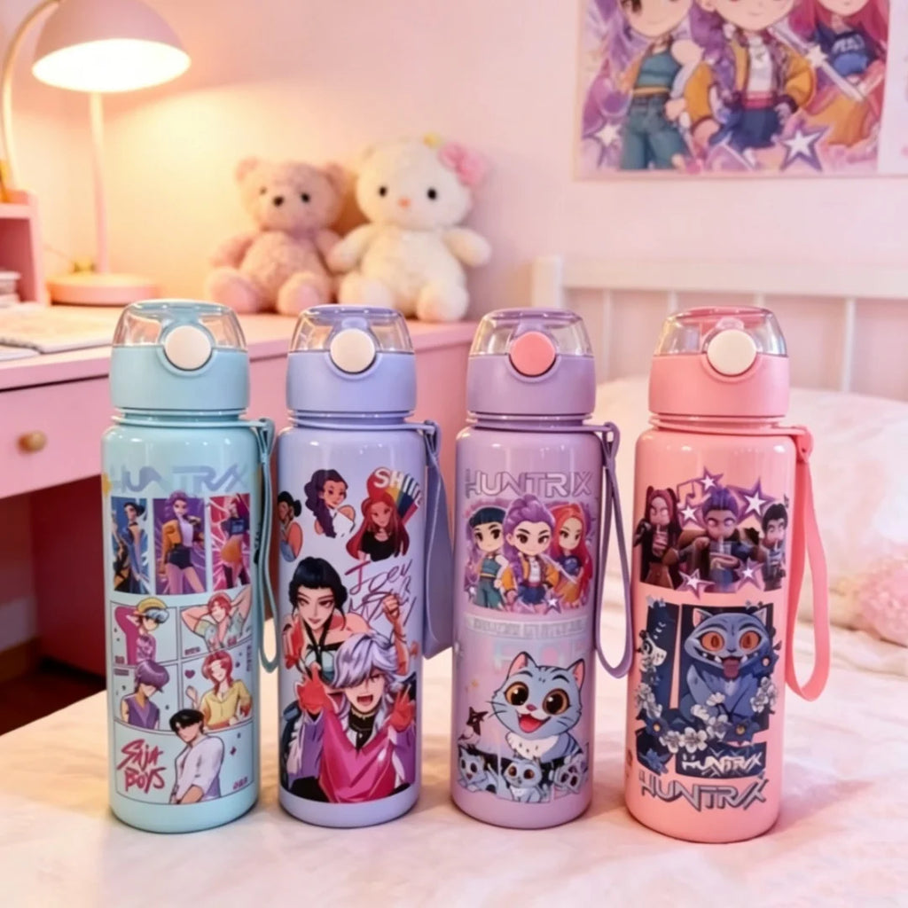 Botella de agua con figura de dibujos animados, taza portátil con pajita para exteriores para niños, deportes de verano para niñas, a prueba de fugas, linda
