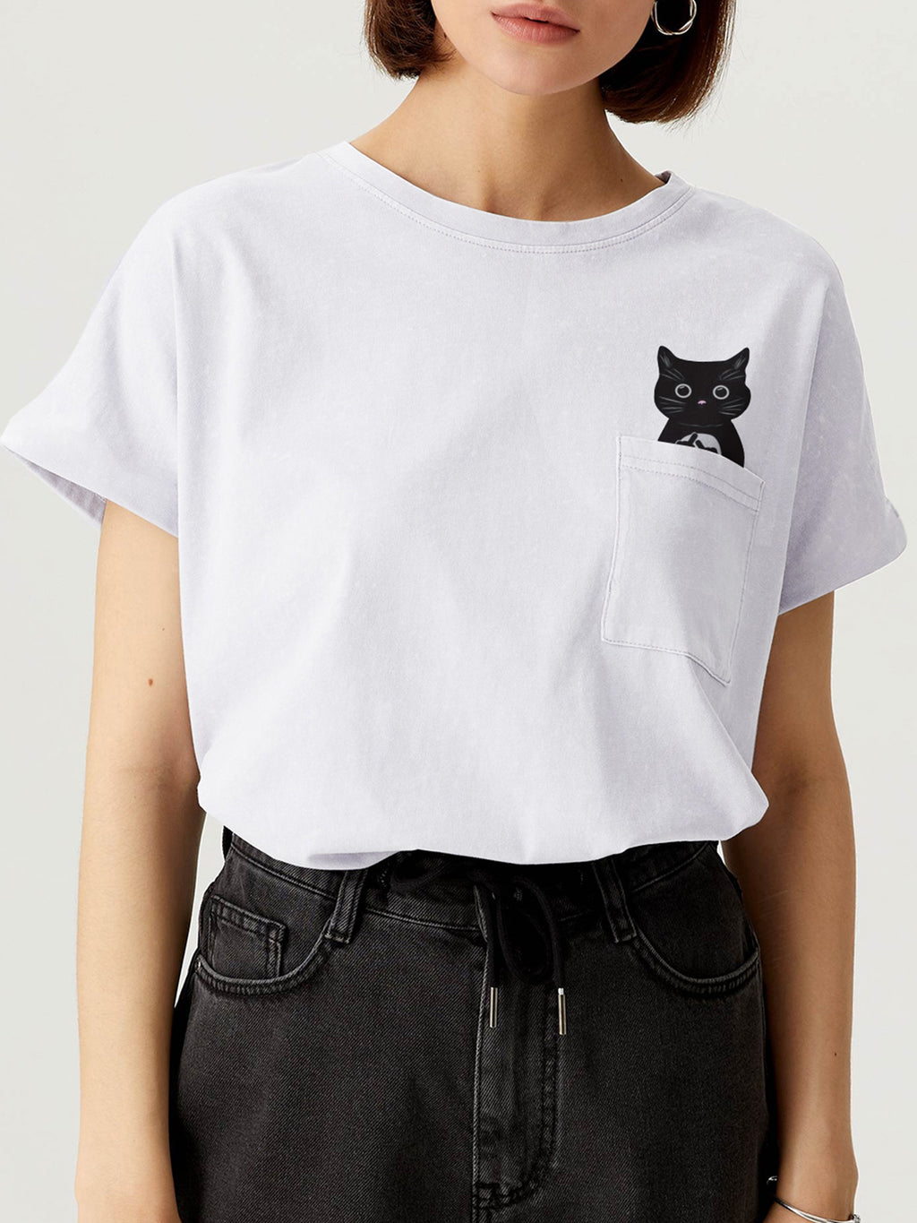 CLOOCL-Camiseta con estampado de gato para mujer, camisa divertida de algodón con pegatina de bolsillo de dedo medio, ropa informal Y2K