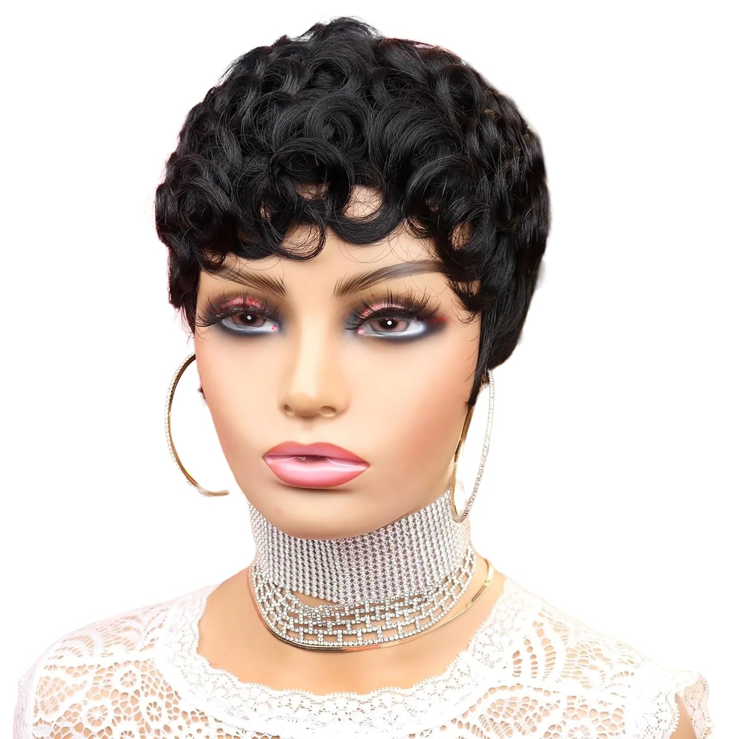 Pelucas cortas de Pixie para mujeres negras, pelucas cortas negras rizadas de Pixie, pelucas de pelo sintético para mujeres negras, Ondulado Natural, corte Pixie negro W