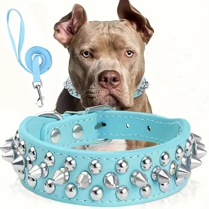 Juego de Collar y correa para perro con pinchos, Collar de perro de cuero con remaches, Collar ajustable para caminar al aire libre