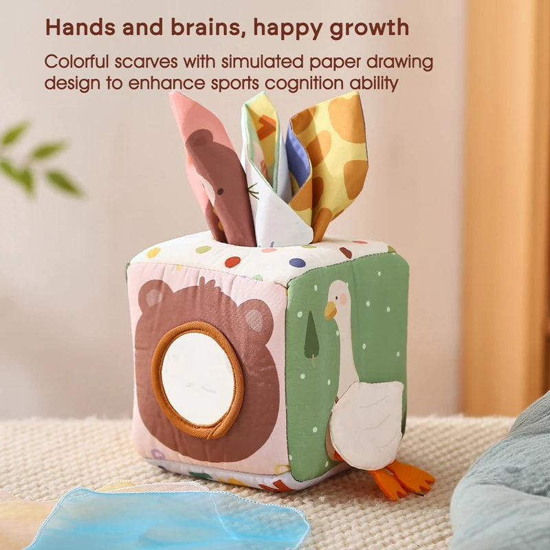 Juguete Montessori para bebé, caja de pañuelos mágicos de algodón, juego de mesa ocupado para ejercicio de los dedos, juguete educativo, juego de sonajero suave, libro de tela, regalo