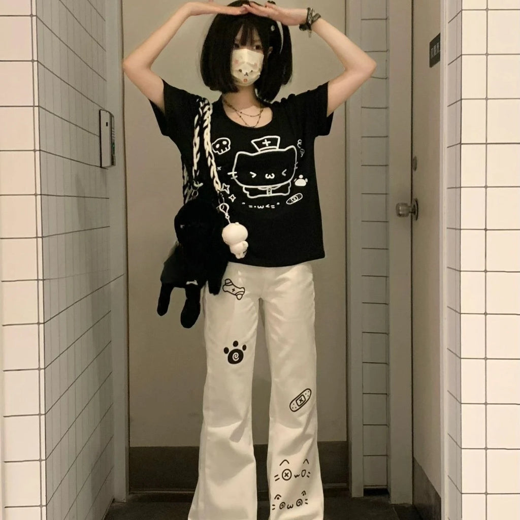 Pantalones largos japoneses Kawaii para mujer, pantalones informales con patrón de gato de dibujos animados Y2K, pantalones deportivos de otoño con subcultura Harajuku dulce