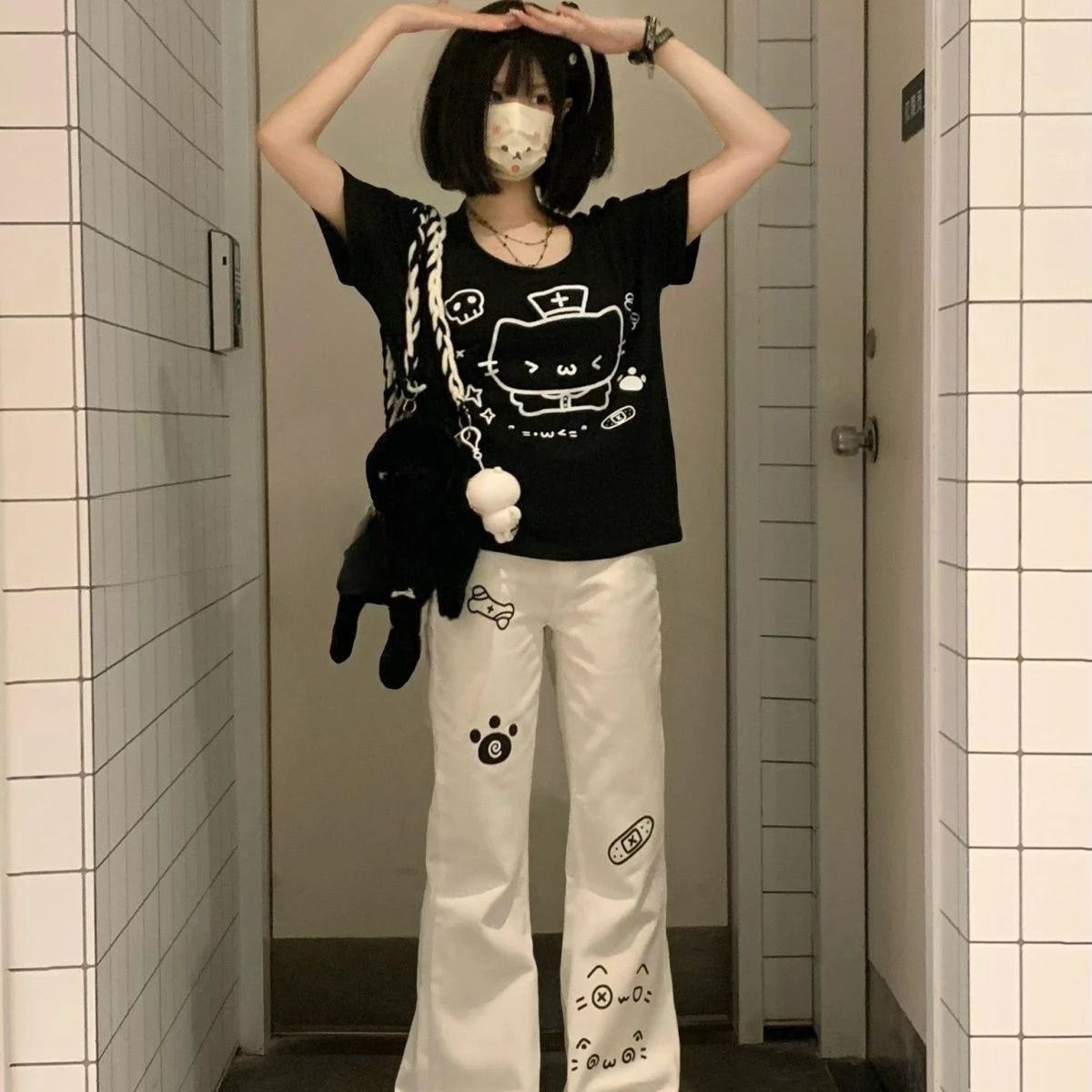 Pantalones largos japoneses Kawaii para mujer, pantalones informales con patrón de gato de dibujos animados Y2K, pantalones deportivos de otoño con subcultura Harajuku dulce