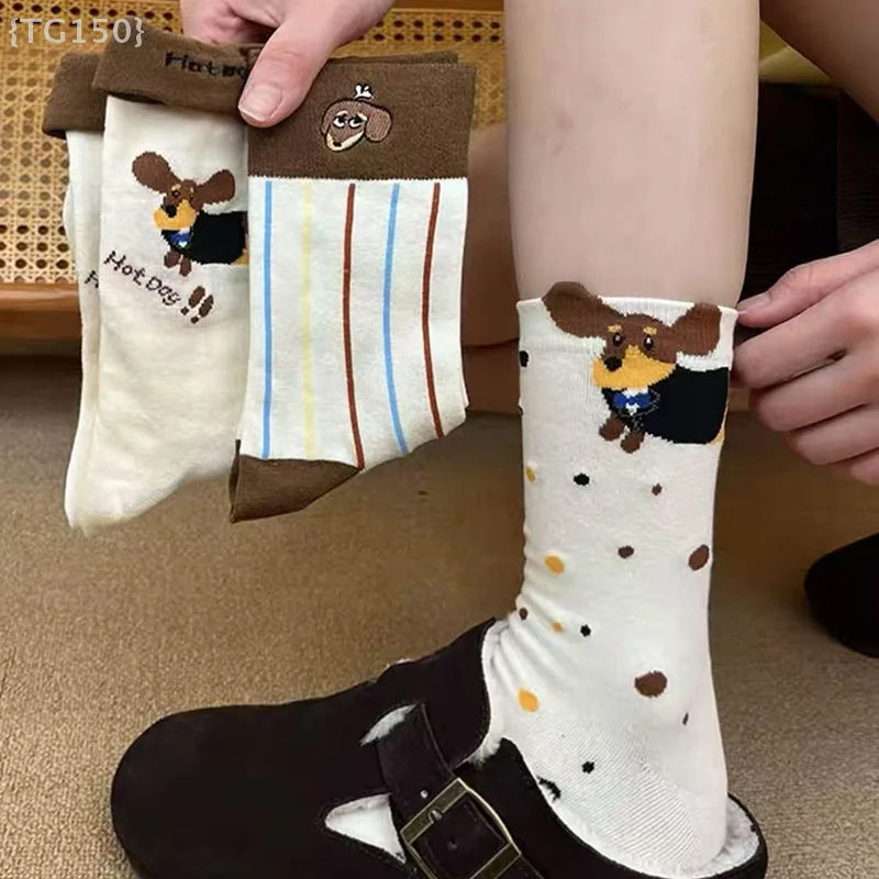 【N】 Calcetines divertidos de algodón con animales de perro salchicha, calcetines lindos y cálidos con estampado de dibujos animados de perro salchicha para otoño e invierno